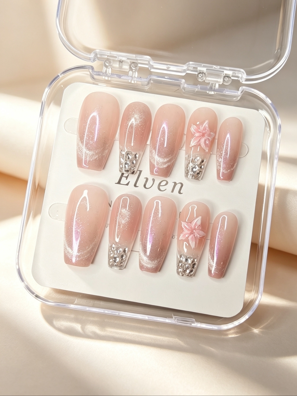 Pink Aurora Mirror Powder Cat Eye Coffin Press On Nails Rhinestones & 3D Flowers